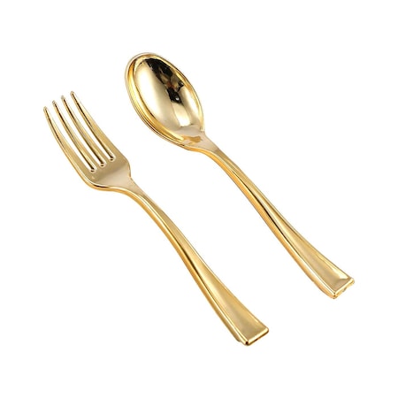 Smarty Had A Party Gold Disposable Plastic Mini Flatware Set - Dessert Spoons and Dessert Forks (600 Guests), 1200PK 790-GCS-CASE